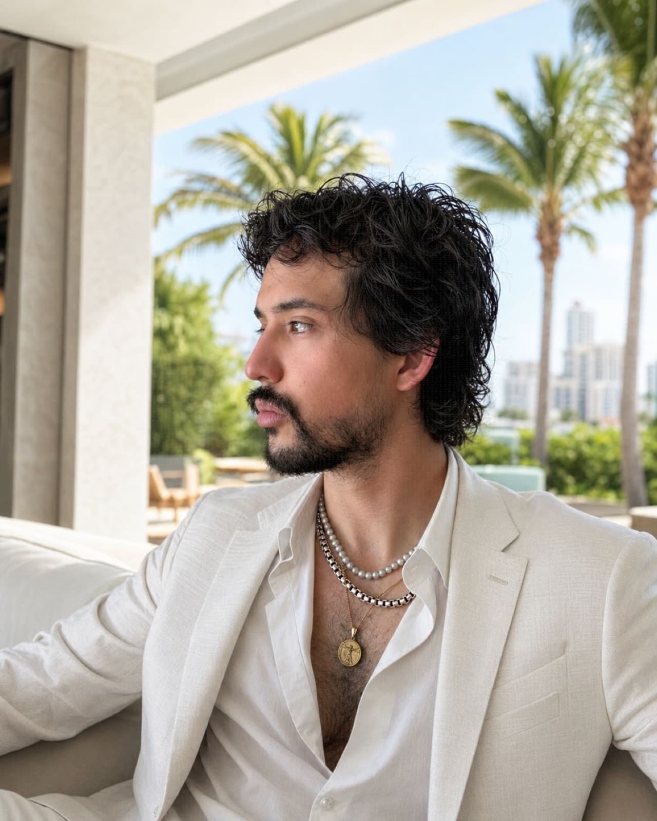 Alejandro del Palacio in a white linen jacket, profile, palms behind, Miami golden hour.