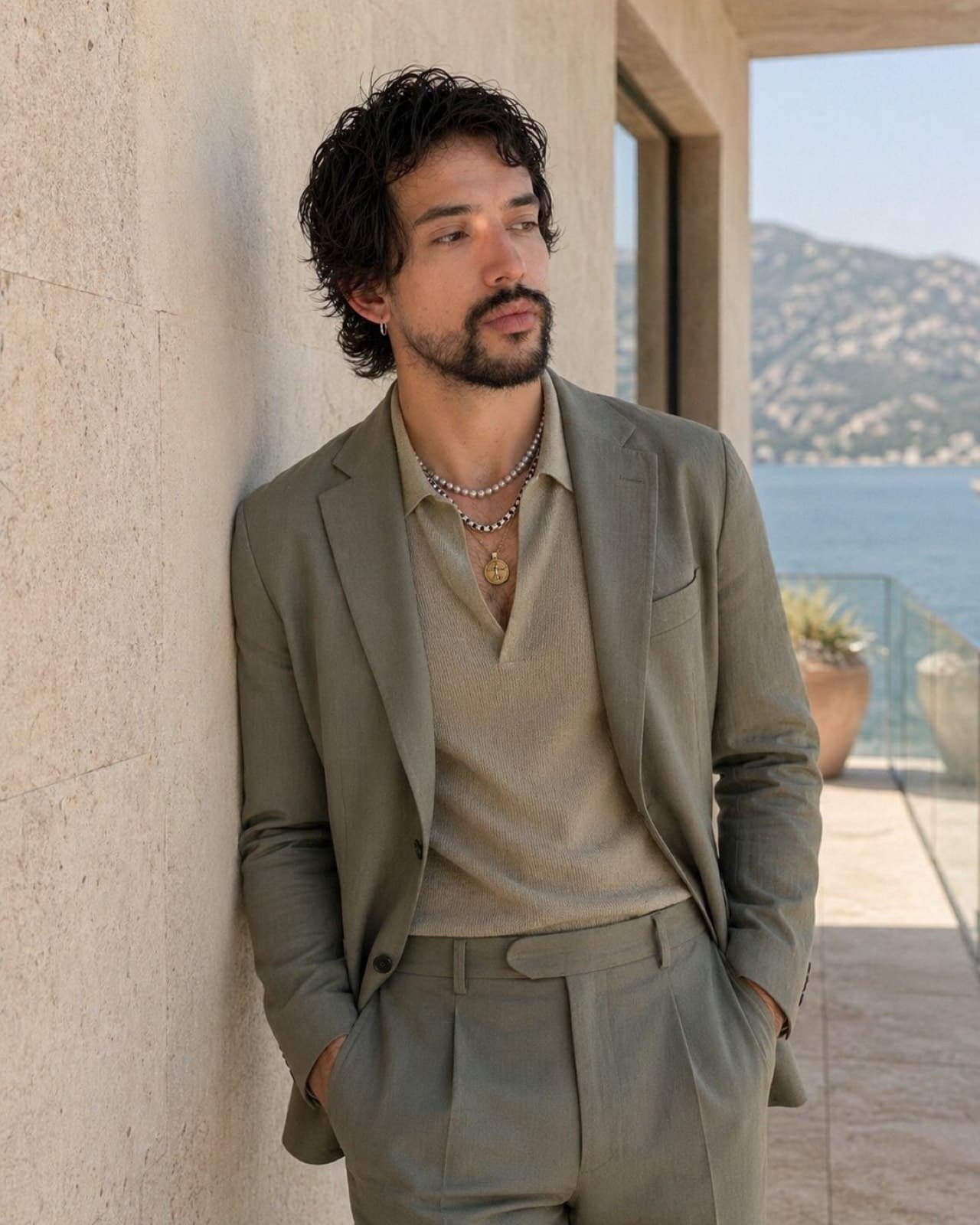 Alejandro del Palacio in an olive linen suit, leaning on a travertine wall, sea behind.