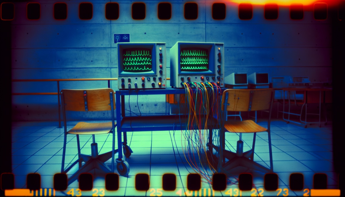 Twin EEG monitors in a 1980s consciousness lab, cables snaking between two vacant chairs, oscilloscope traces matched in real time