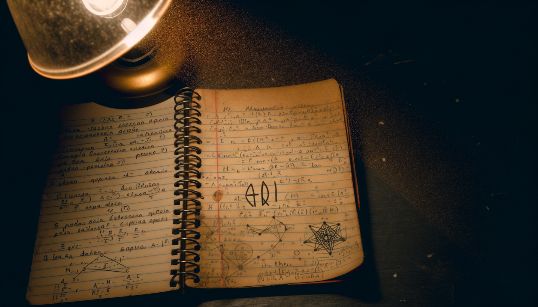 A worn Mexican research notebook on a wood desk under amber light, hand-written equations connecting quantum mechanics symbols to neural patterns, photorealistic documentary aesthetic.