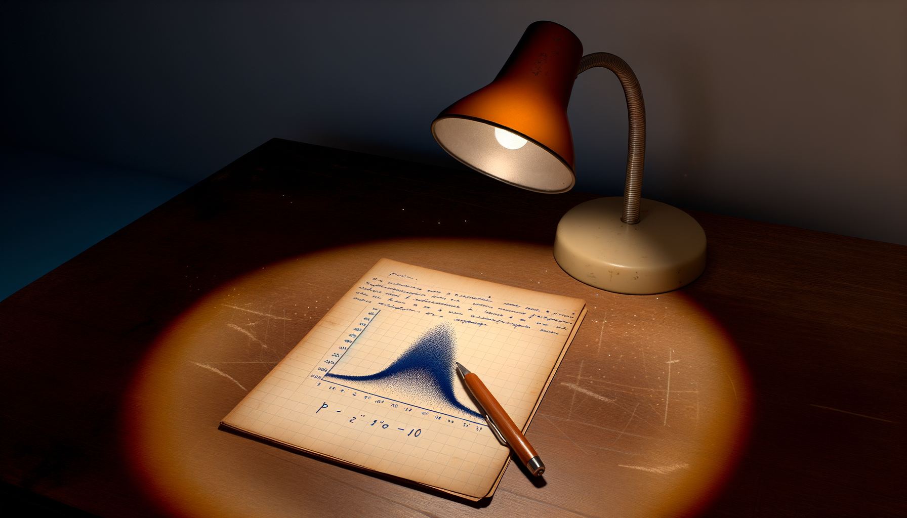 A faded Princeton lab notebook page on a wood desk, showing a hand-drawn statistical distribution curve with the annotation 'p < 10⁻¹⁰' in the margin. Amber-lit, documentary aesthetic.