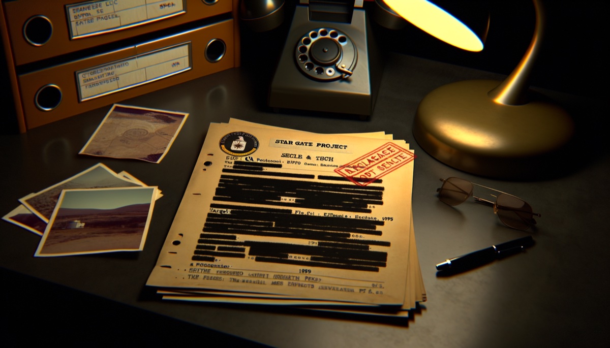 Heavily redacted CIA document on a steel desk under a single fluorescent lamp, black censor bars dominating the page