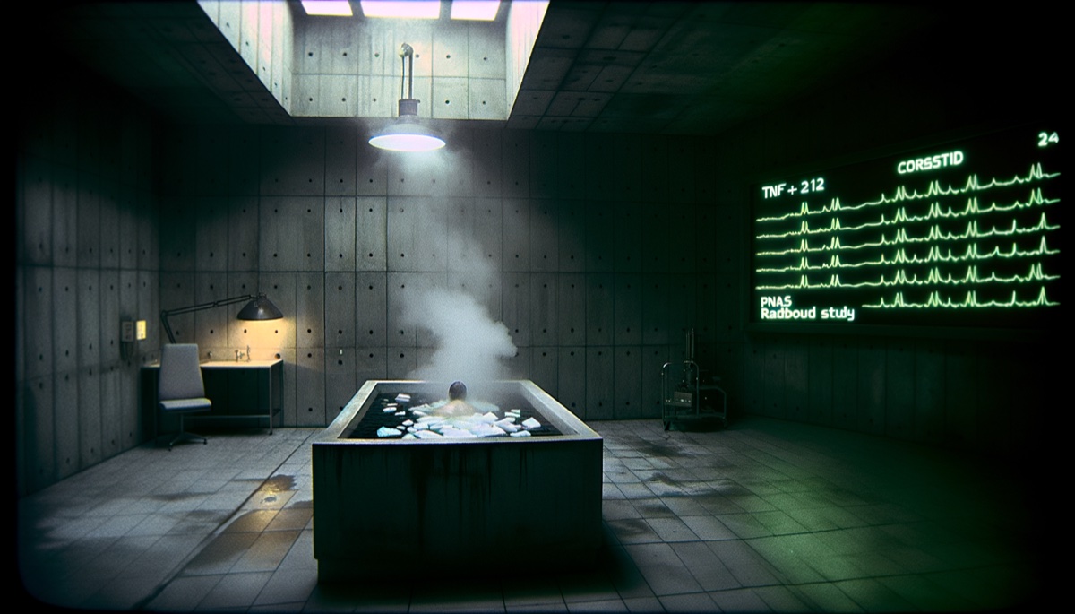 A lone shadowed figure submerged to the chest in a steel ice bath, white plumes of steam rising from black water in a dim concrete room